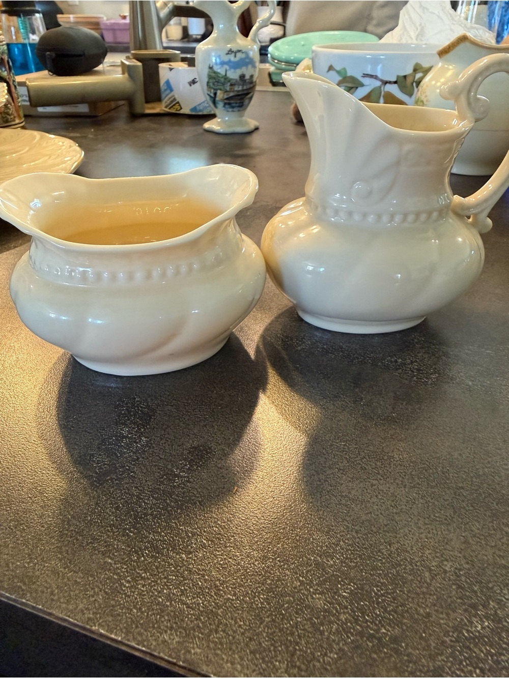 Lenox Ivory Ceramic Creamer and Sugar Bowl Set with Gold Marking